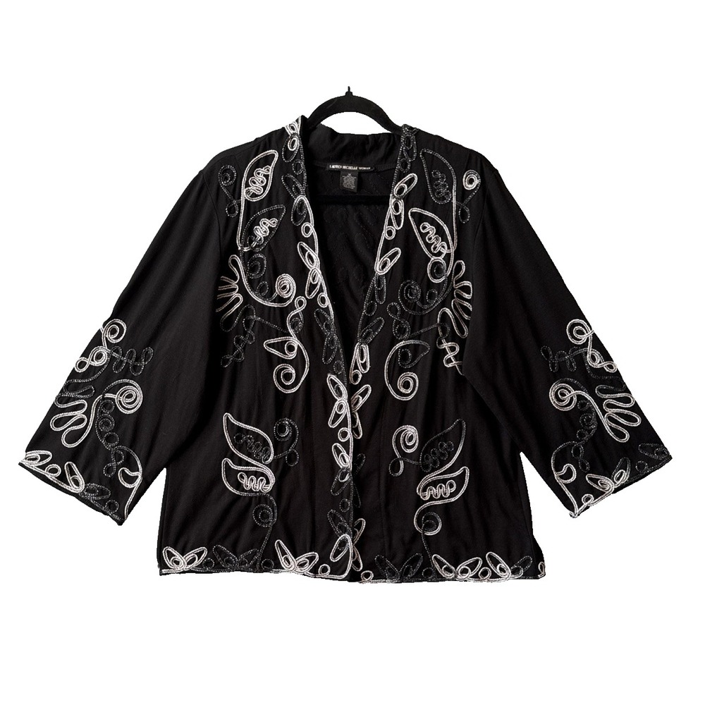 Lauren Michelle Woman 1X Cardigan Jacket Black Soutache Embroidered Art To Wear